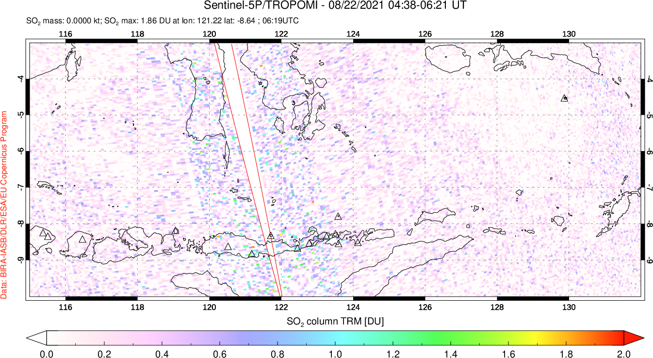 A sulfur dioxide image over Lesser Sunda Islands, Indonesia on Aug 22, 2021.