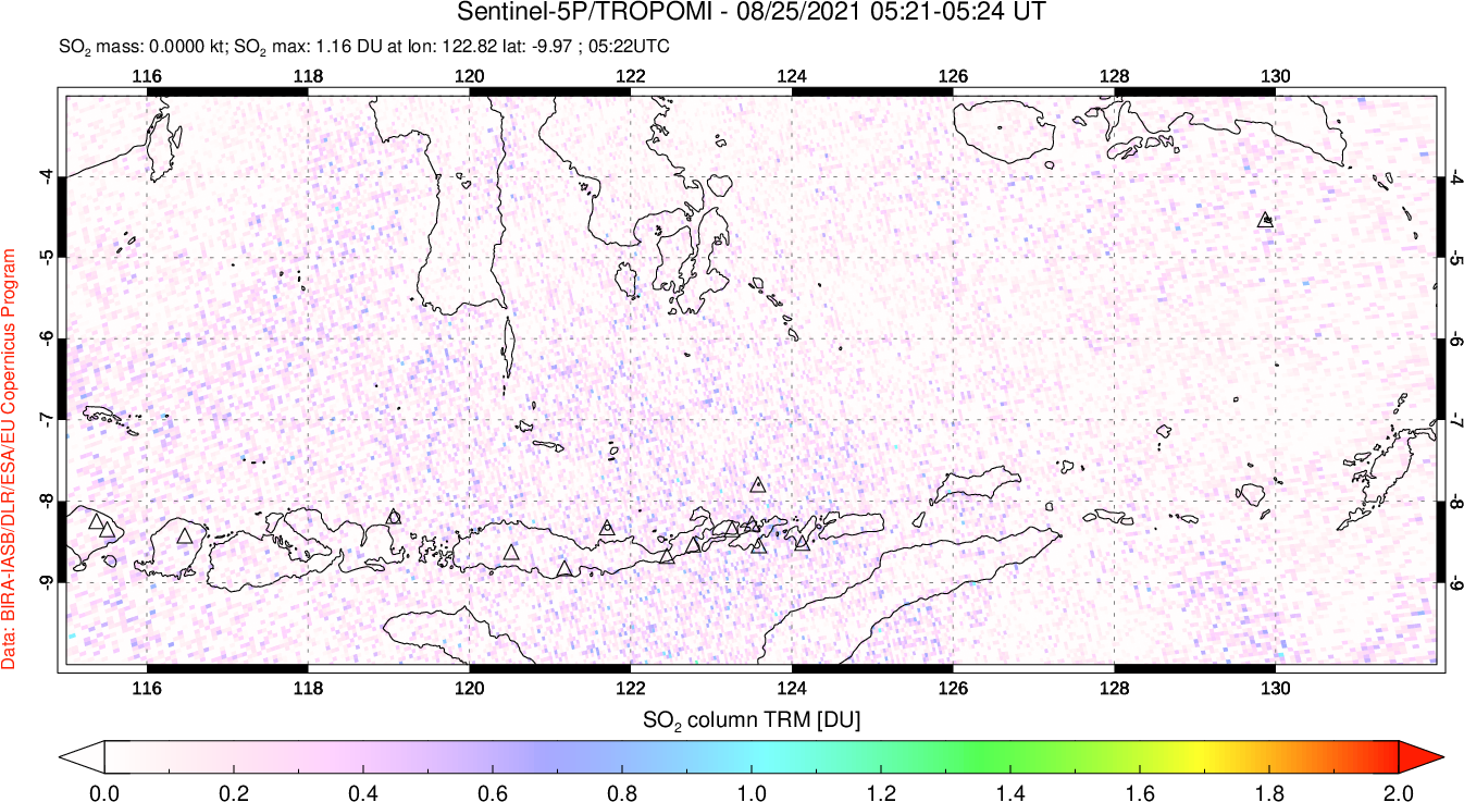 A sulfur dioxide image over Lesser Sunda Islands, Indonesia on Aug 25, 2021.