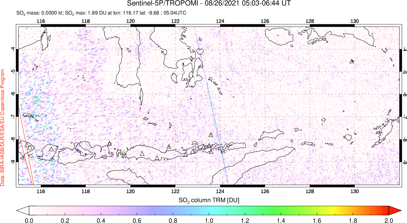 A sulfur dioxide image over Lesser Sunda Islands, Indonesia on Aug 26, 2021.