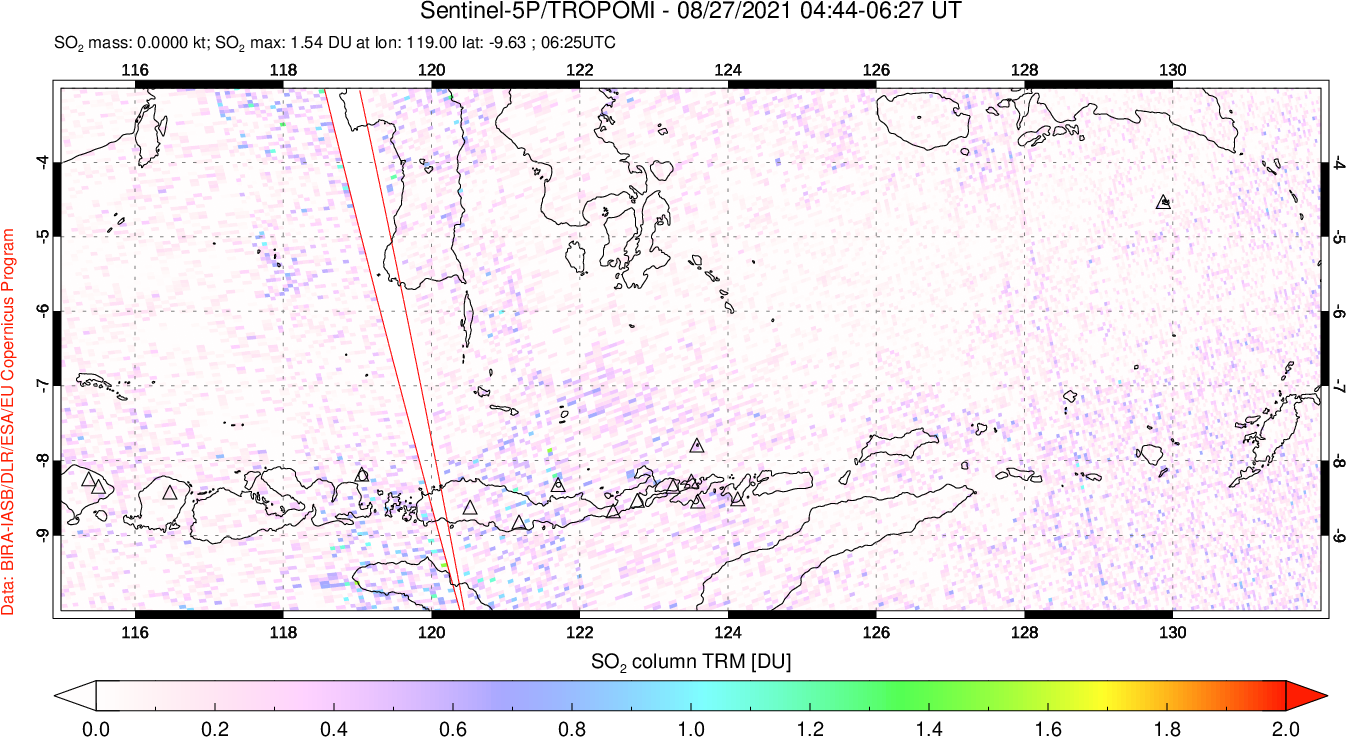 A sulfur dioxide image over Lesser Sunda Islands, Indonesia on Aug 27, 2021.