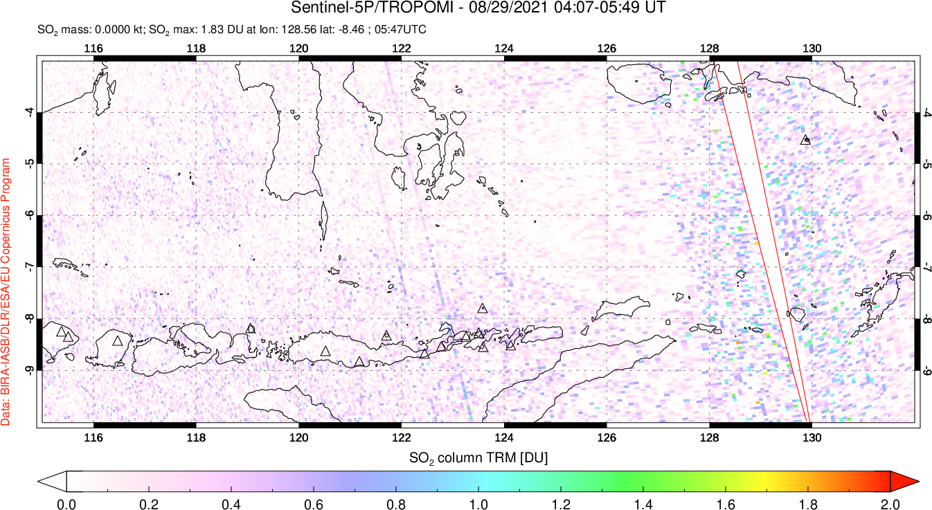 A sulfur dioxide image over Lesser Sunda Islands, Indonesia on Aug 29, 2021.