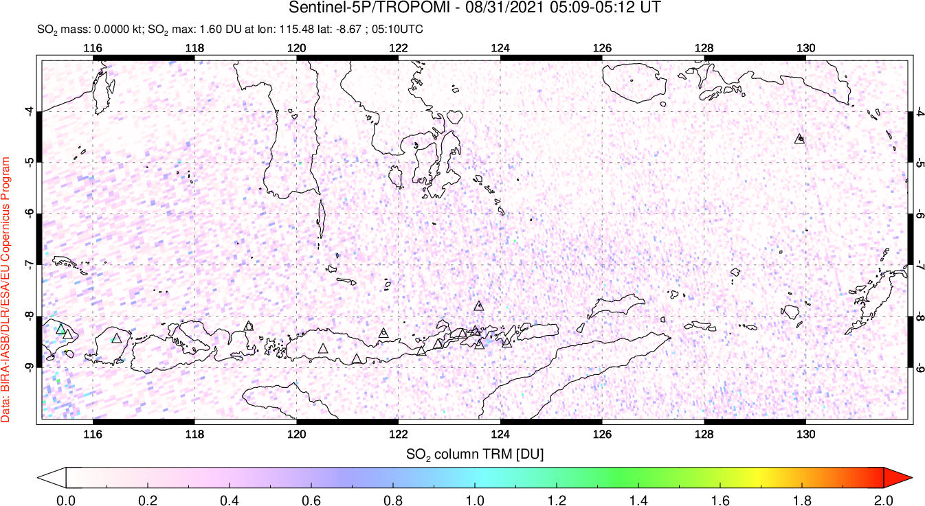 A sulfur dioxide image over Lesser Sunda Islands, Indonesia on Aug 31, 2021.