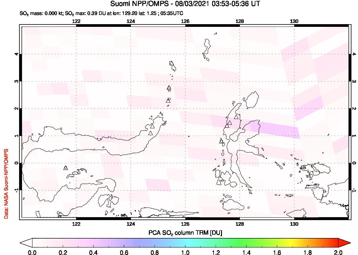 A sulfur dioxide image over Northern Sulawesi & Halmahera, Indonesia on Aug 03, 2021.