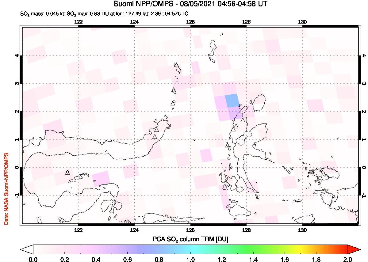 A sulfur dioxide image over Northern Sulawesi & Halmahera, Indonesia on Aug 05, 2021.