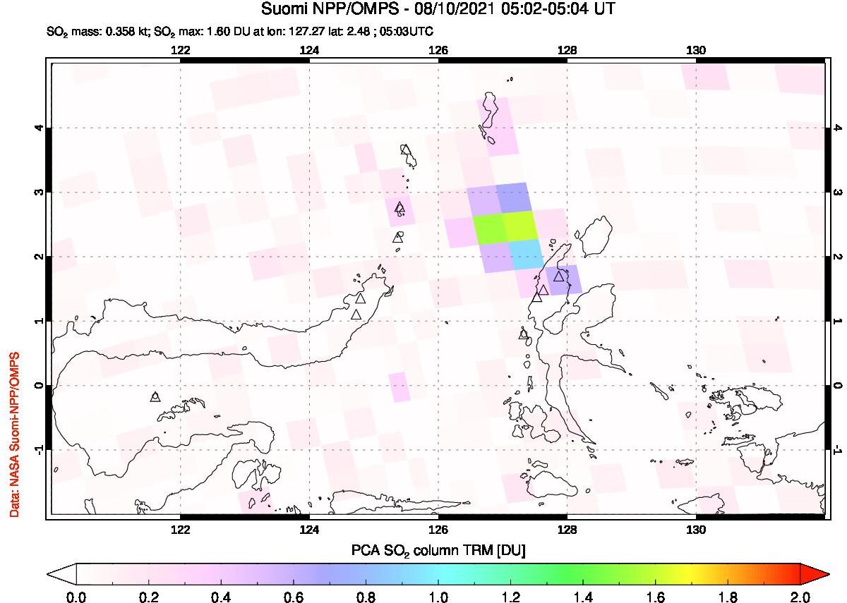 A sulfur dioxide image over Northern Sulawesi & Halmahera, Indonesia on Aug 10, 2021.