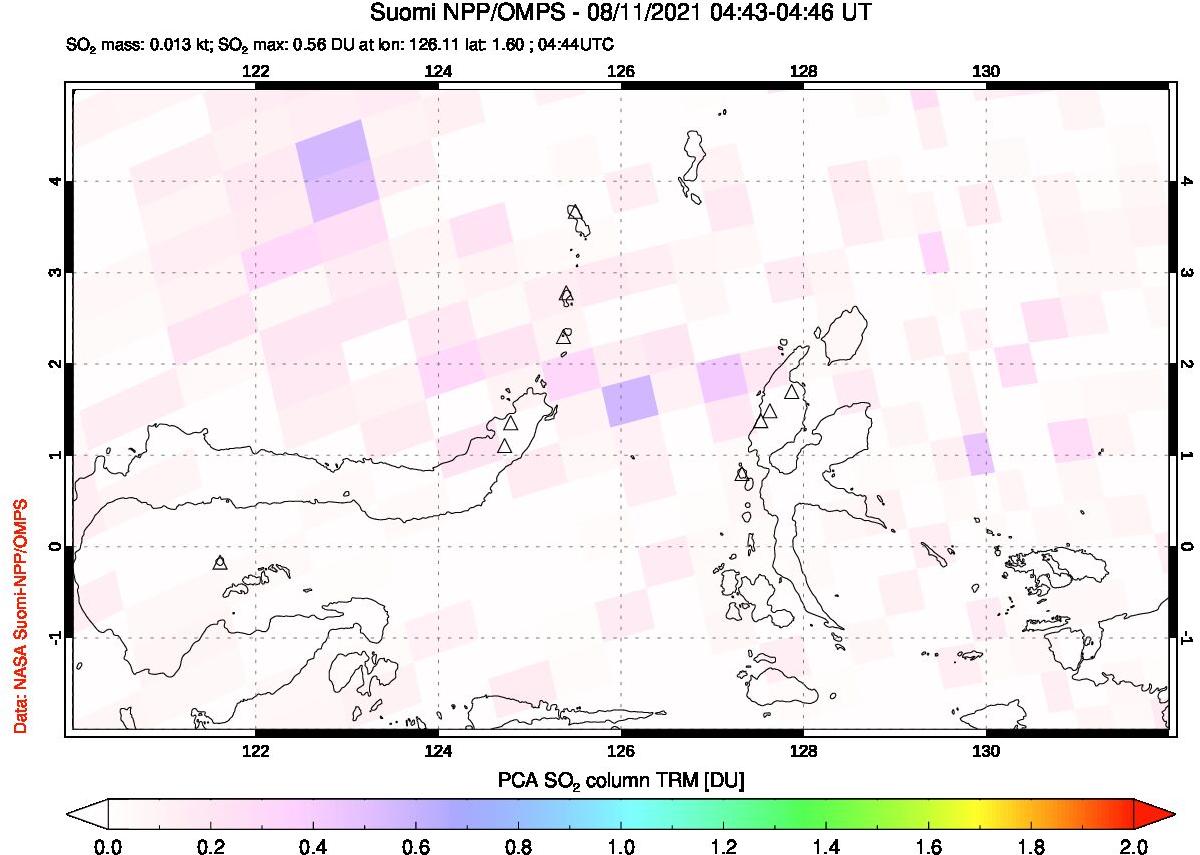 A sulfur dioxide image over Northern Sulawesi & Halmahera, Indonesia on Aug 11, 2021.