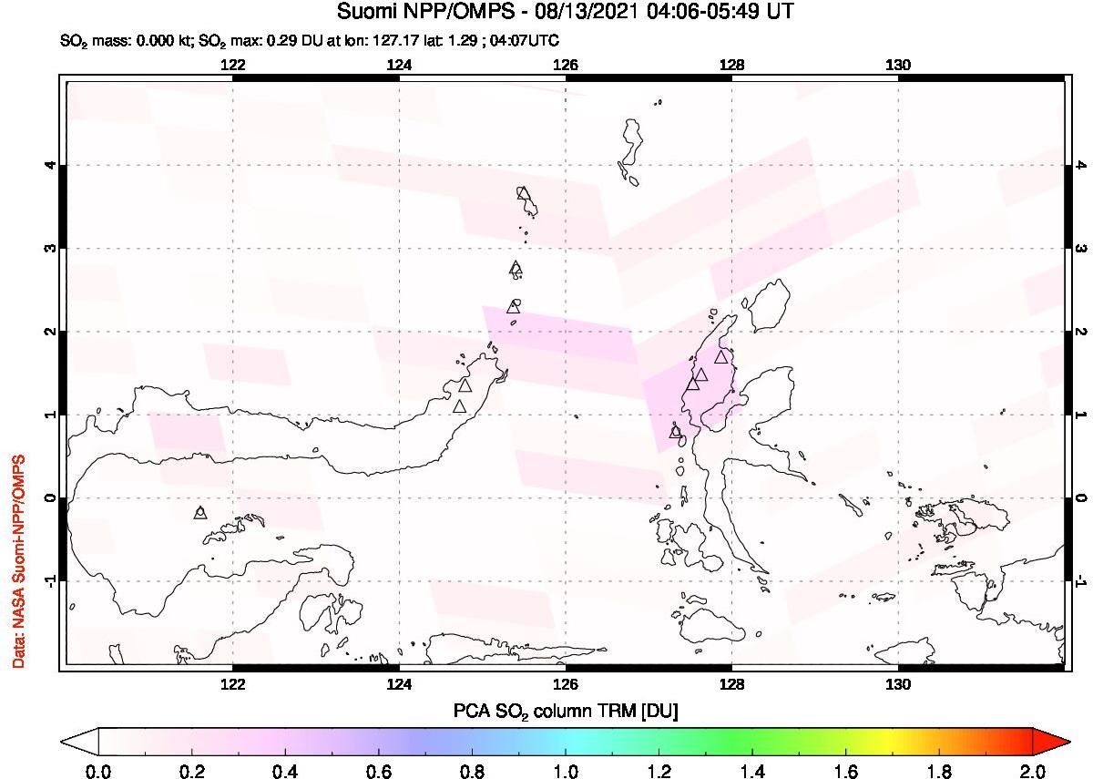 A sulfur dioxide image over Northern Sulawesi & Halmahera, Indonesia on Aug 13, 2021.
