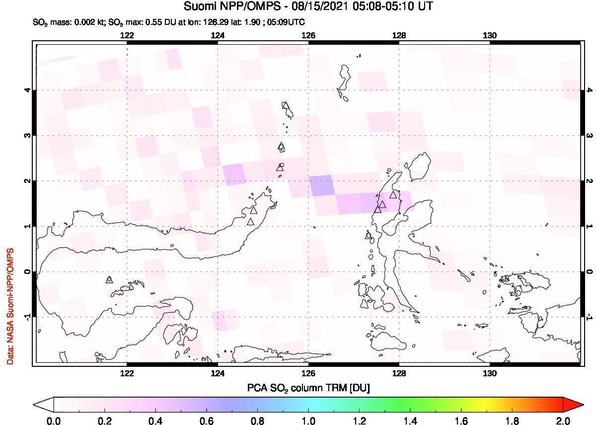 A sulfur dioxide image over Northern Sulawesi & Halmahera, Indonesia on Aug 15, 2021.