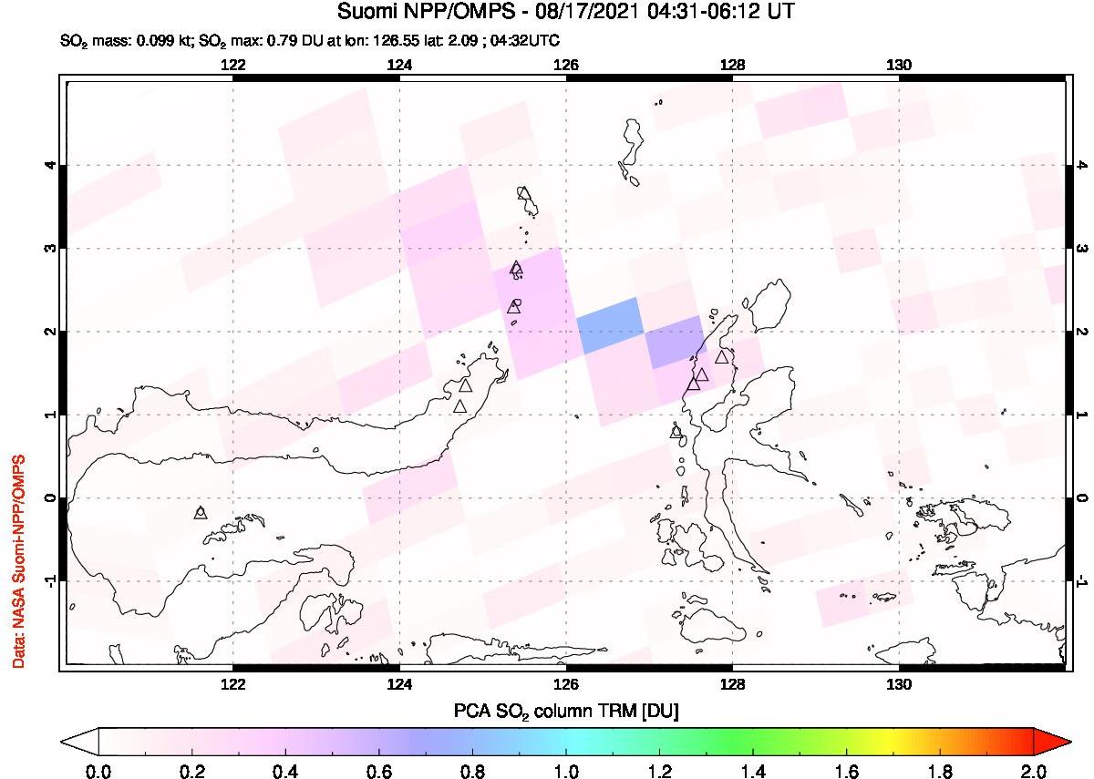 A sulfur dioxide image over Northern Sulawesi & Halmahera, Indonesia on Aug 17, 2021.