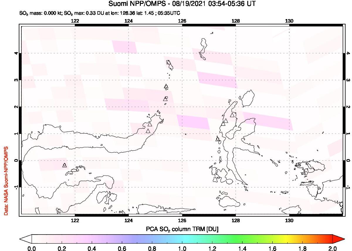 A sulfur dioxide image over Northern Sulawesi & Halmahera, Indonesia on Aug 19, 2021.