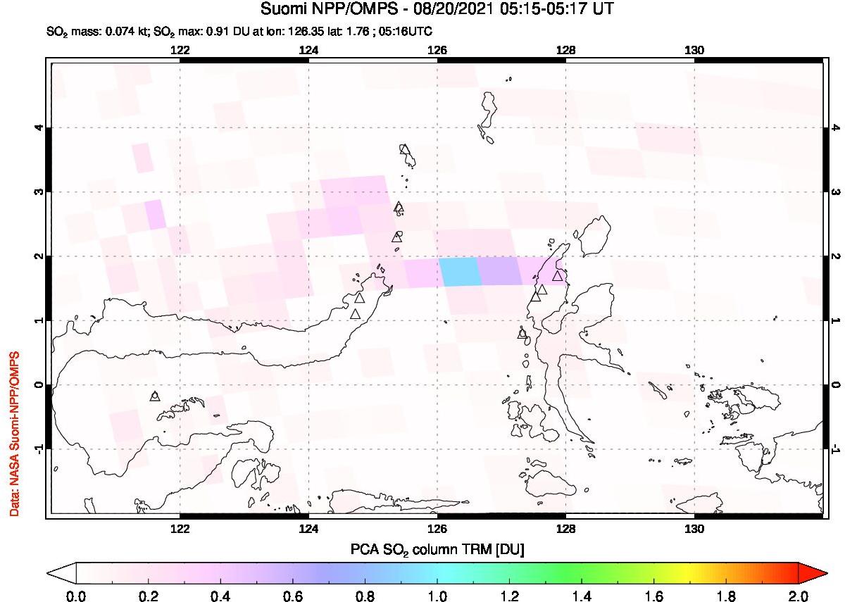 A sulfur dioxide image over Northern Sulawesi & Halmahera, Indonesia on Aug 20, 2021.