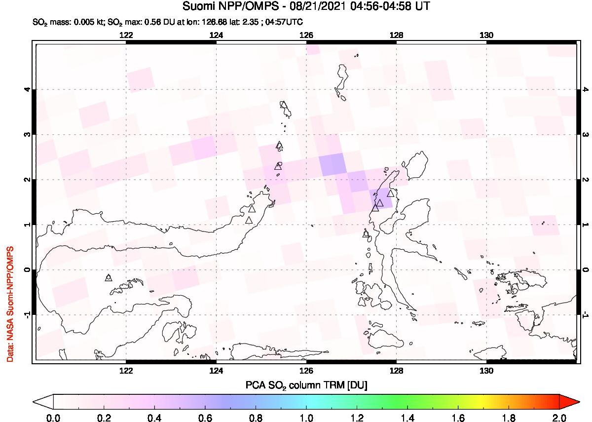 A sulfur dioxide image over Northern Sulawesi & Halmahera, Indonesia on Aug 21, 2021.