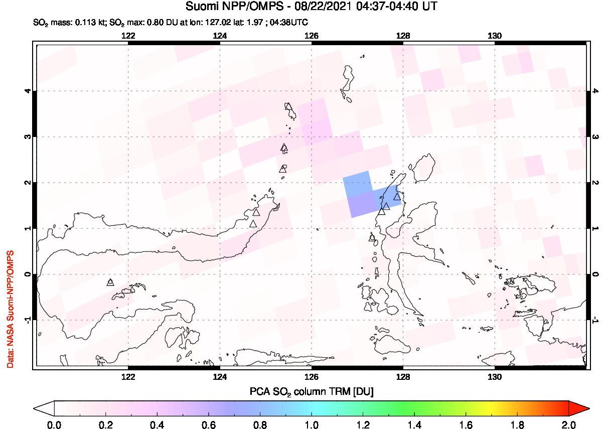 A sulfur dioxide image over Northern Sulawesi & Halmahera, Indonesia on Aug 22, 2021.
