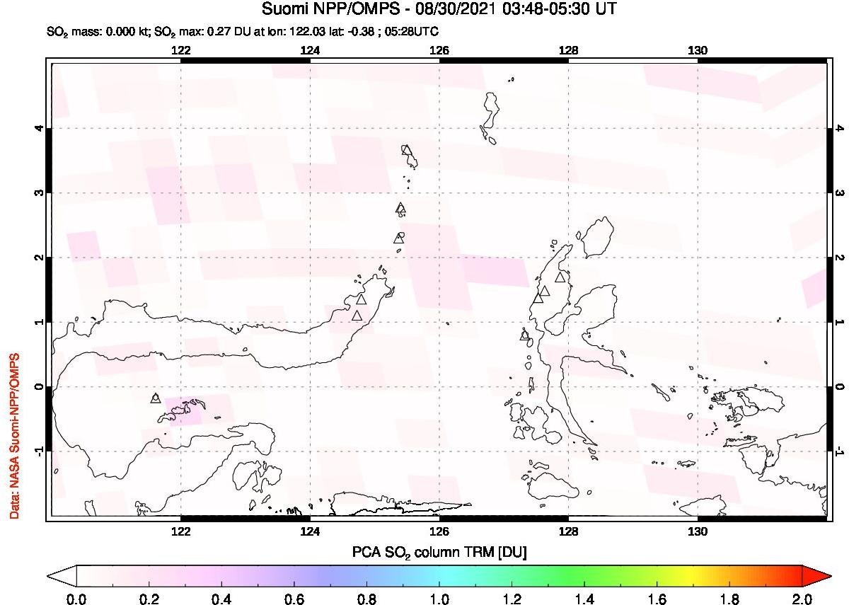 A sulfur dioxide image over Northern Sulawesi & Halmahera, Indonesia on Aug 30, 2021.