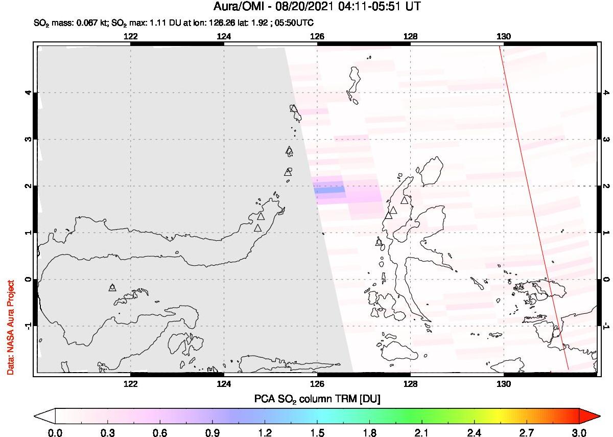 A sulfur dioxide image over Northern Sulawesi & Halmahera, Indonesia on Aug 20, 2021.