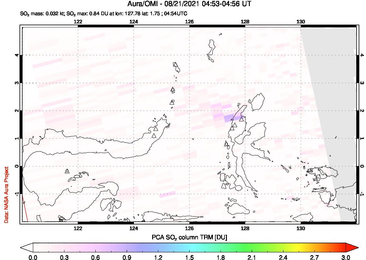 A sulfur dioxide image over Northern Sulawesi & Halmahera, Indonesia on Aug 21, 2021.