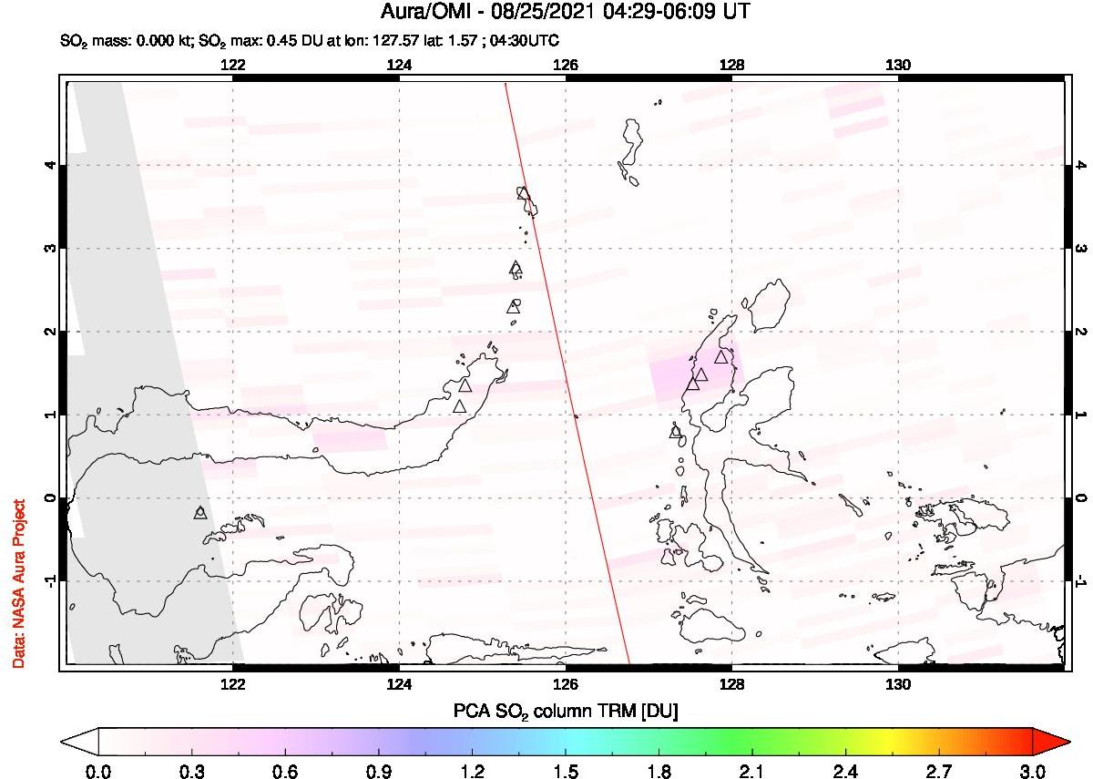 A sulfur dioxide image over Northern Sulawesi & Halmahera, Indonesia on Aug 25, 2021.
