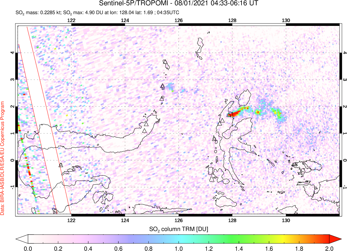 A sulfur dioxide image over Northern Sulawesi & Halmahera, Indonesia on Aug 01, 2021.