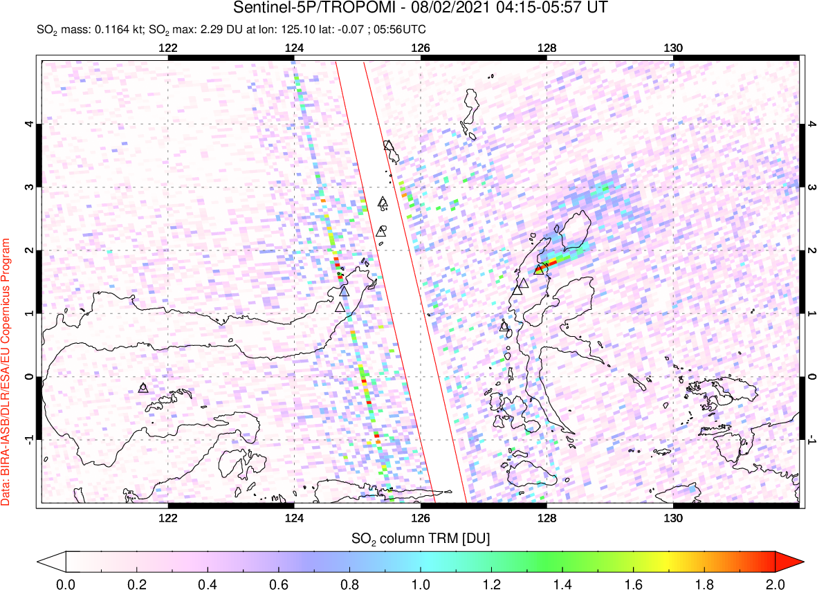 A sulfur dioxide image over Northern Sulawesi & Halmahera, Indonesia on Aug 02, 2021.