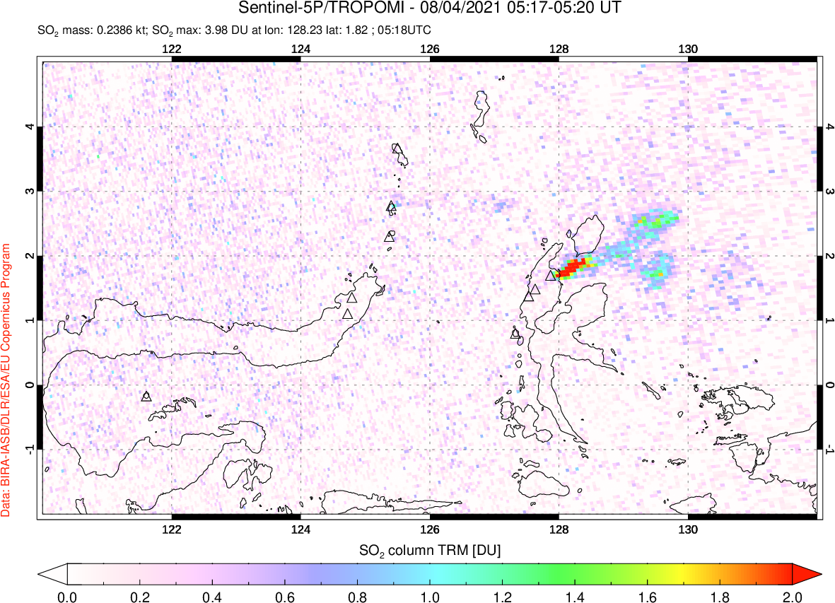A sulfur dioxide image over Northern Sulawesi & Halmahera, Indonesia on Aug 04, 2021.