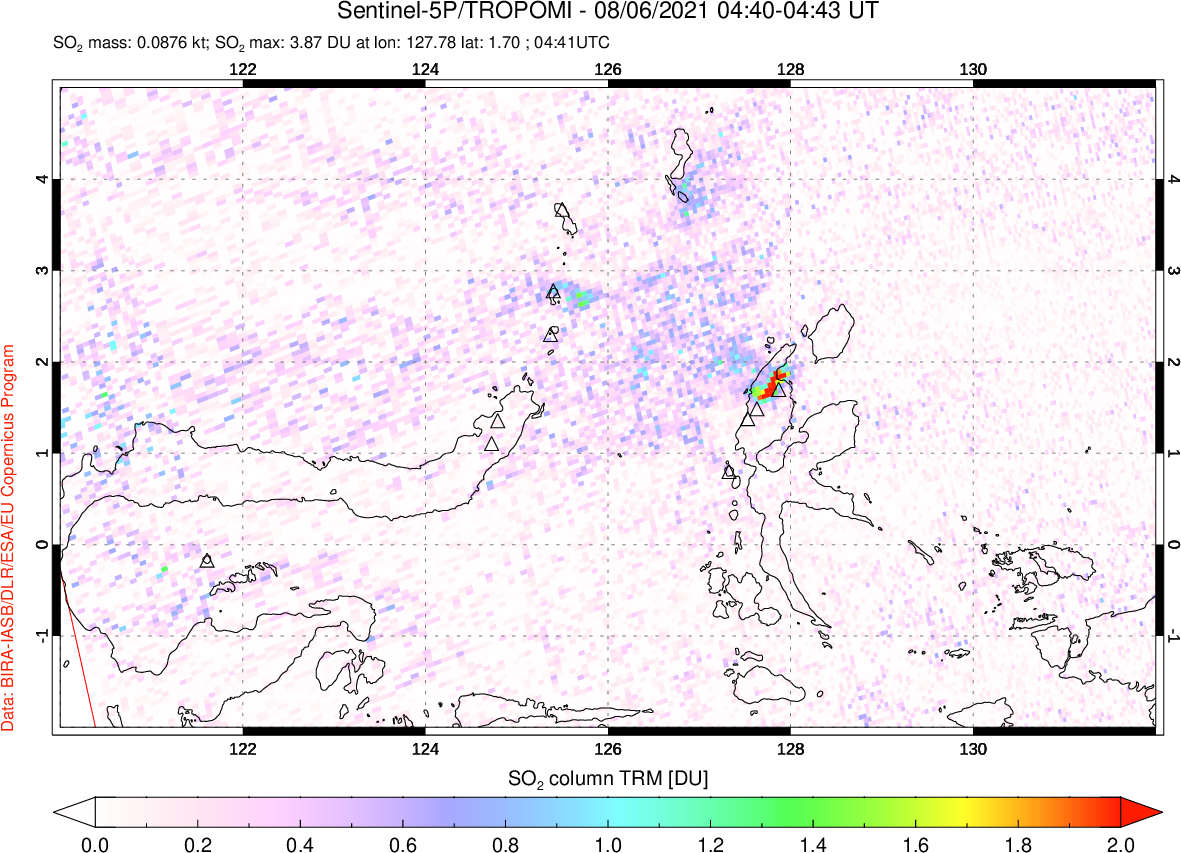 A sulfur dioxide image over Northern Sulawesi & Halmahera, Indonesia on Aug 06, 2021.
