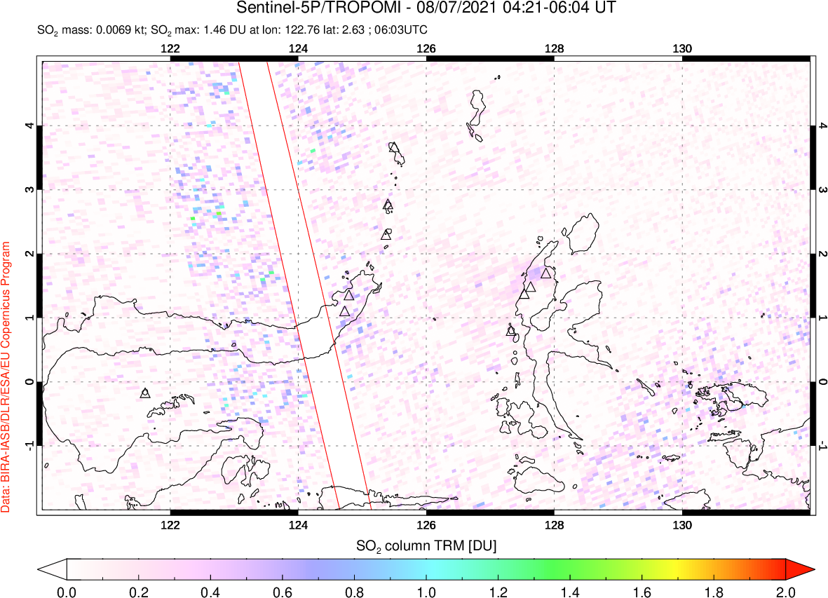 A sulfur dioxide image over Northern Sulawesi & Halmahera, Indonesia on Aug 07, 2021.