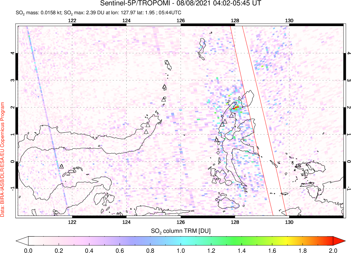 A sulfur dioxide image over Northern Sulawesi & Halmahera, Indonesia on Aug 08, 2021.