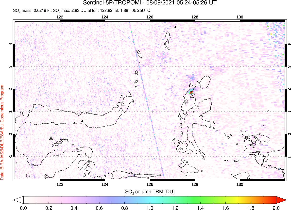 A sulfur dioxide image over Northern Sulawesi & Halmahera, Indonesia on Aug 09, 2021.