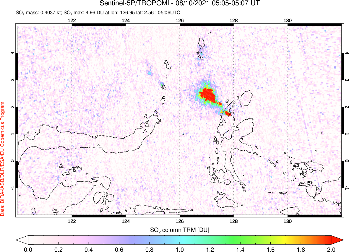 A sulfur dioxide image over Northern Sulawesi & Halmahera, Indonesia on Aug 10, 2021.