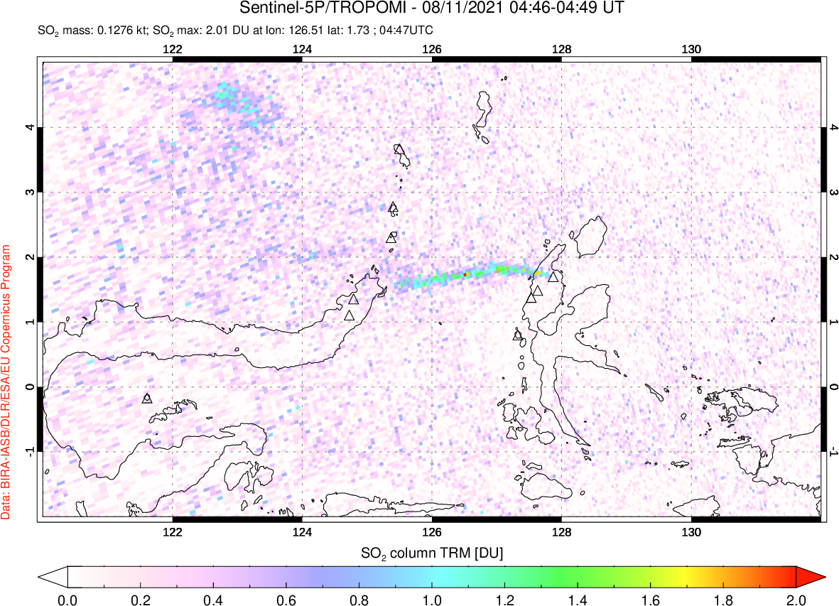 A sulfur dioxide image over Northern Sulawesi & Halmahera, Indonesia on Aug 11, 2021.