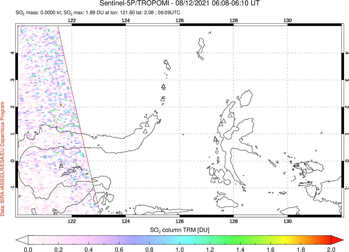 A sulfur dioxide image over Northern Sulawesi & Halmahera, Indonesia on Aug 12, 2021.