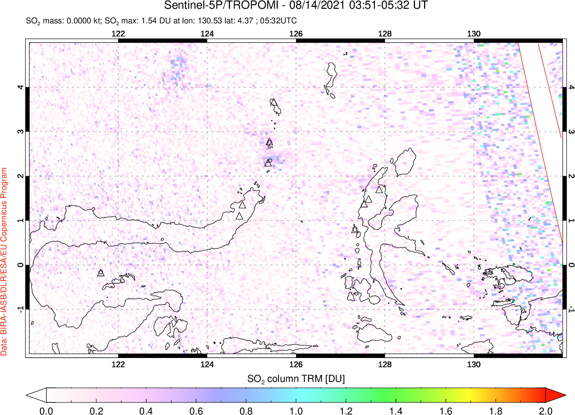 A sulfur dioxide image over Northern Sulawesi & Halmahera, Indonesia on Aug 14, 2021.
