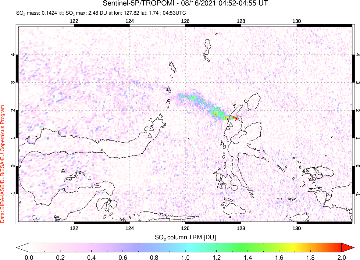 A sulfur dioxide image over Northern Sulawesi & Halmahera, Indonesia on Aug 16, 2021.