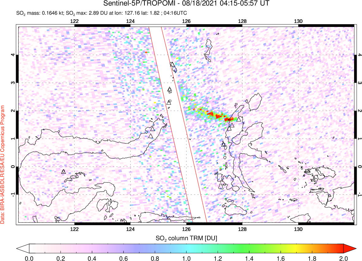 A sulfur dioxide image over Northern Sulawesi & Halmahera, Indonesia on Aug 18, 2021.