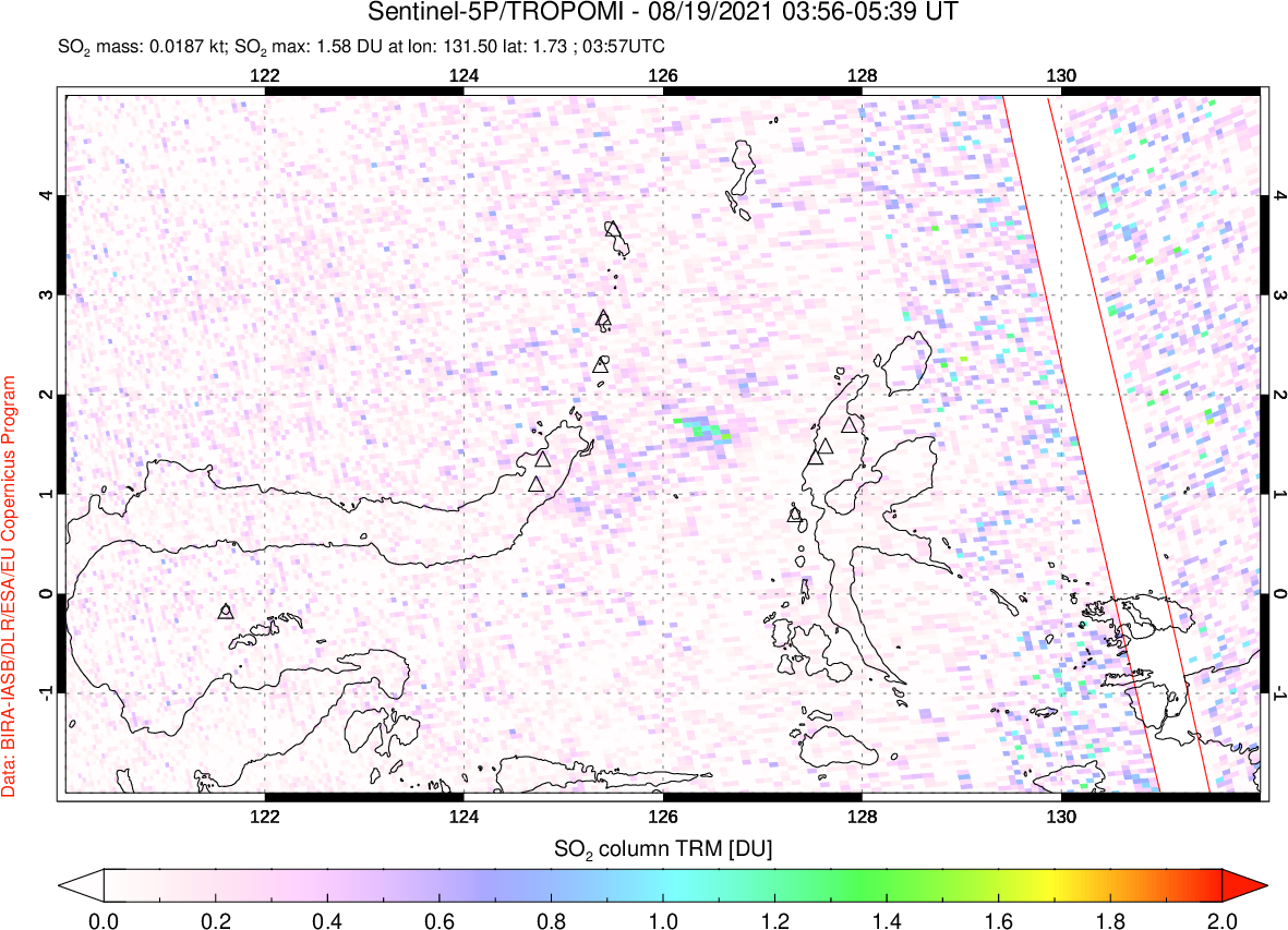 A sulfur dioxide image over Northern Sulawesi & Halmahera, Indonesia on Aug 19, 2021.