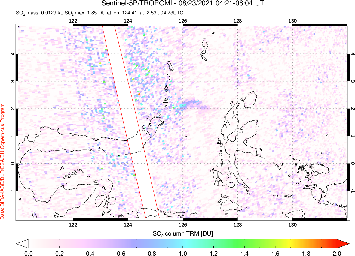 A sulfur dioxide image over Northern Sulawesi & Halmahera, Indonesia on Aug 23, 2021.
