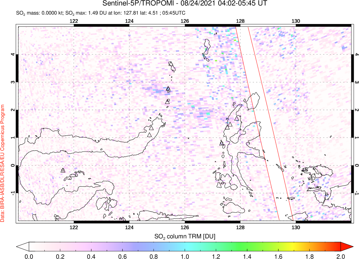 A sulfur dioxide image over Northern Sulawesi & Halmahera, Indonesia on Aug 24, 2021.