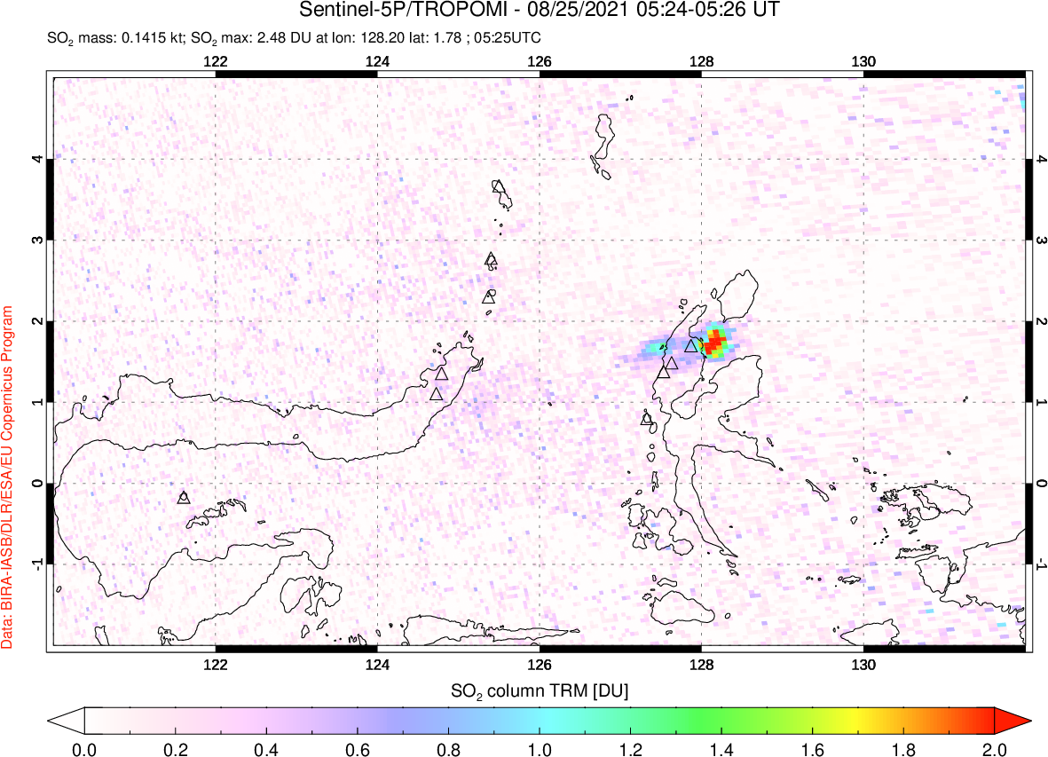 A sulfur dioxide image over Northern Sulawesi & Halmahera, Indonesia on Aug 25, 2021.