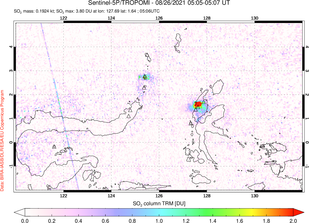 A sulfur dioxide image over Northern Sulawesi & Halmahera, Indonesia on Aug 26, 2021.
