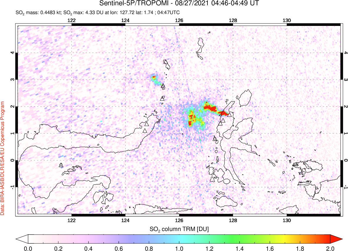 A sulfur dioxide image over Northern Sulawesi & Halmahera, Indonesia on Aug 27, 2021.