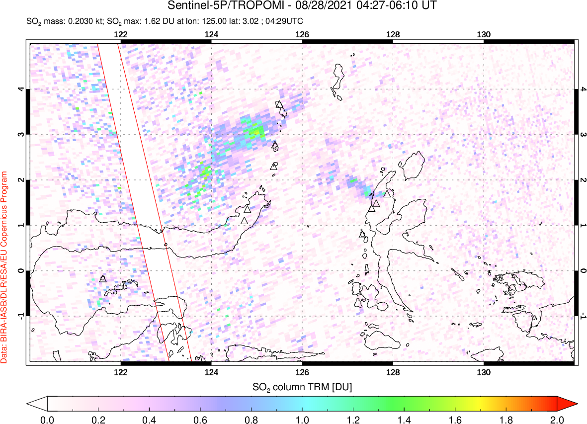 A sulfur dioxide image over Northern Sulawesi & Halmahera, Indonesia on Aug 28, 2021.