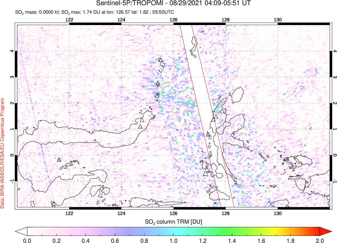 A sulfur dioxide image over Northern Sulawesi & Halmahera, Indonesia on Aug 29, 2021.
