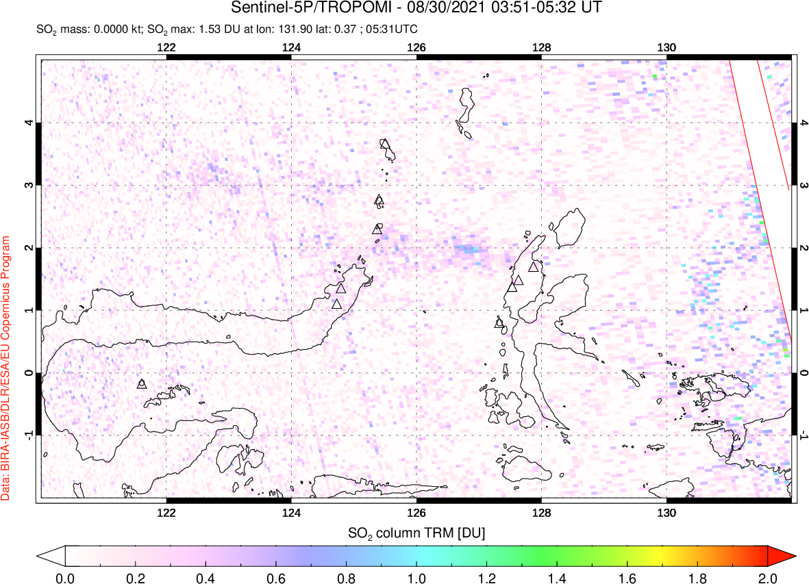 A sulfur dioxide image over Northern Sulawesi & Halmahera, Indonesia on Aug 30, 2021.