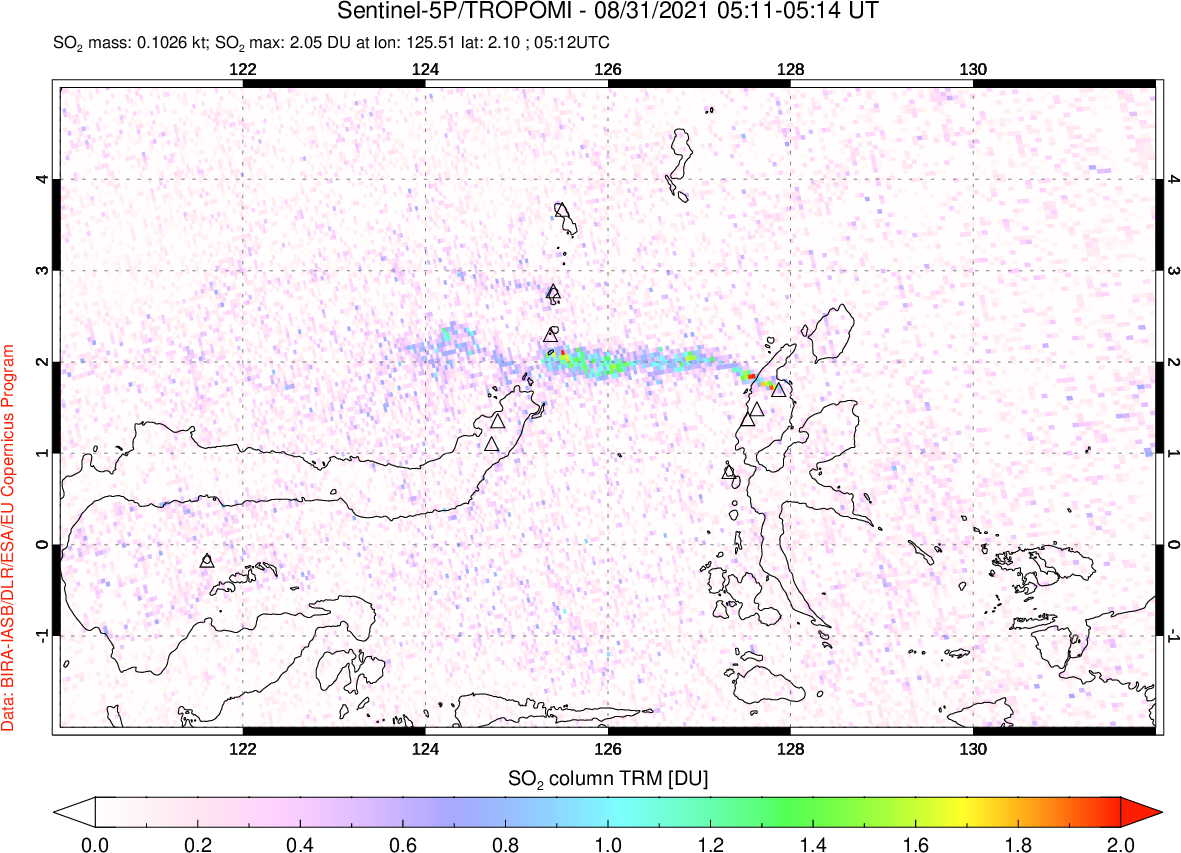 A sulfur dioxide image over Northern Sulawesi & Halmahera, Indonesia on Aug 31, 2021.