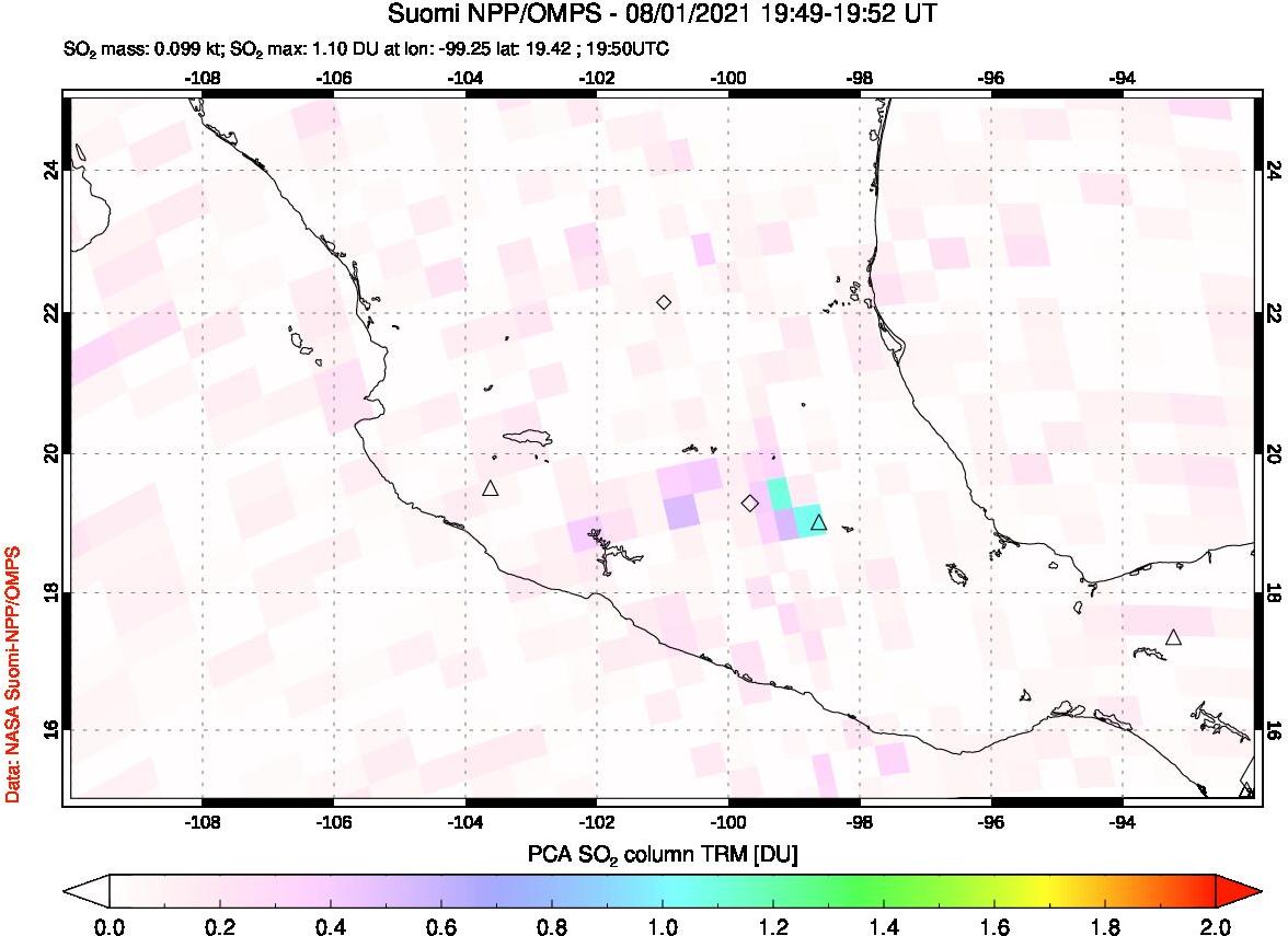 A sulfur dioxide image over Mexico on Aug 01, 2021.