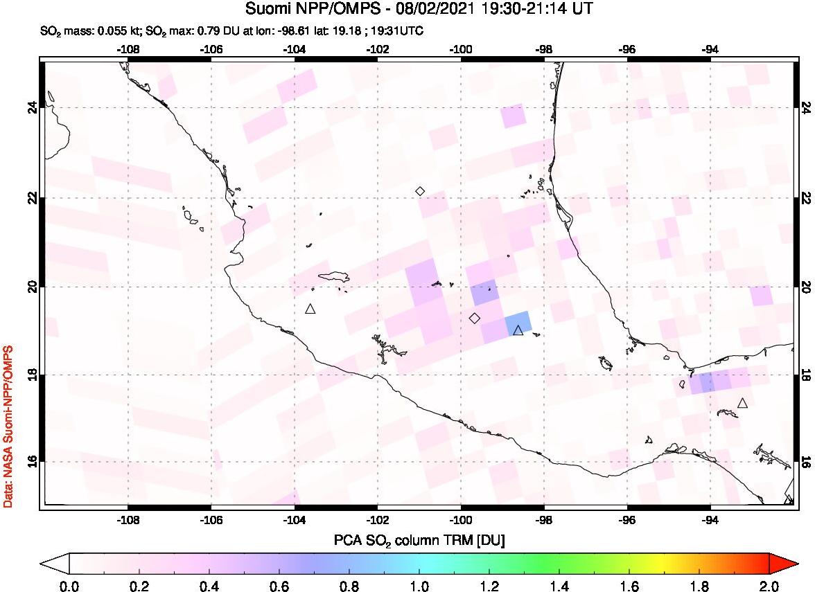 A sulfur dioxide image over Mexico on Aug 02, 2021.