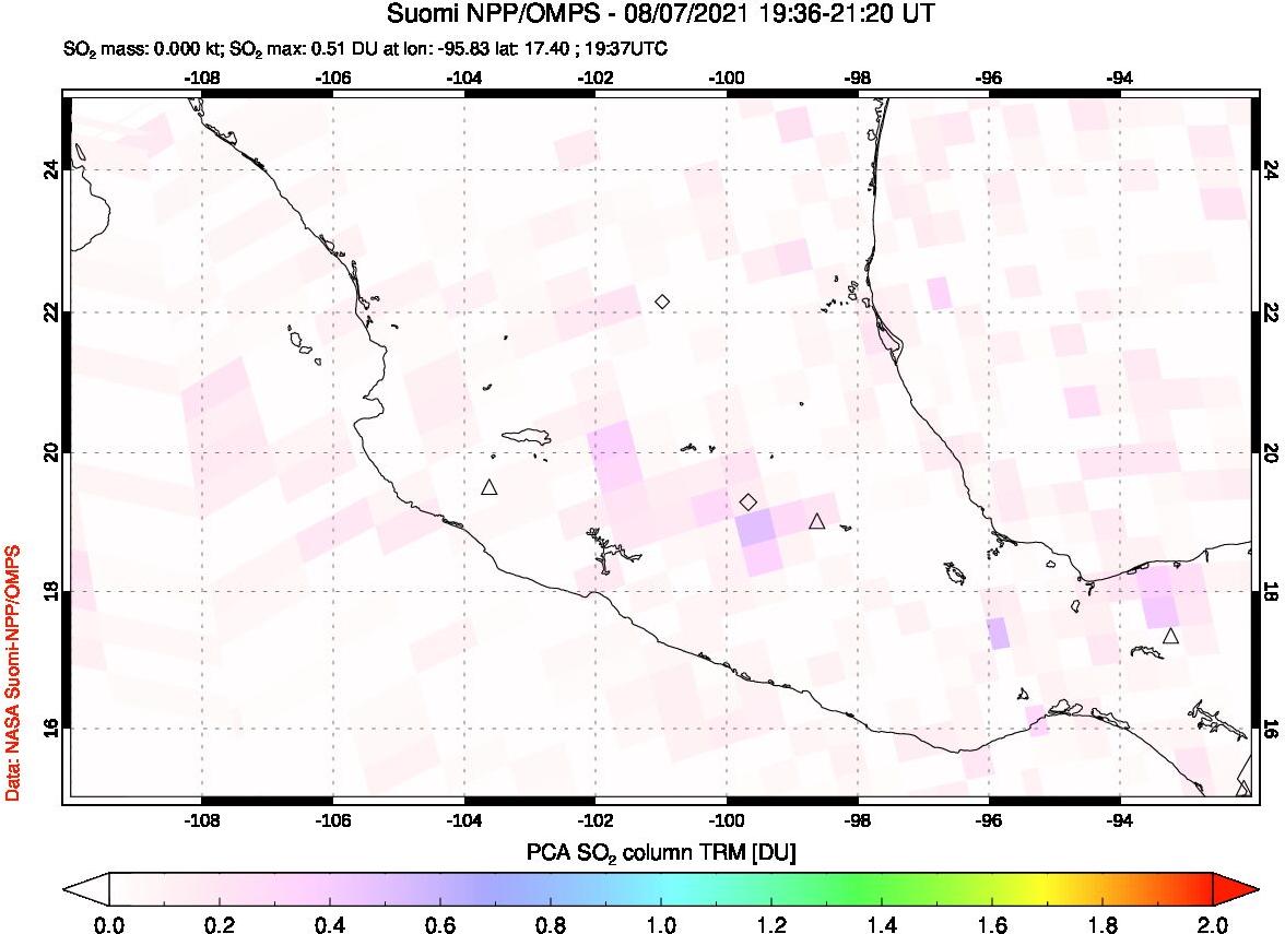 A sulfur dioxide image over Mexico on Aug 07, 2021.