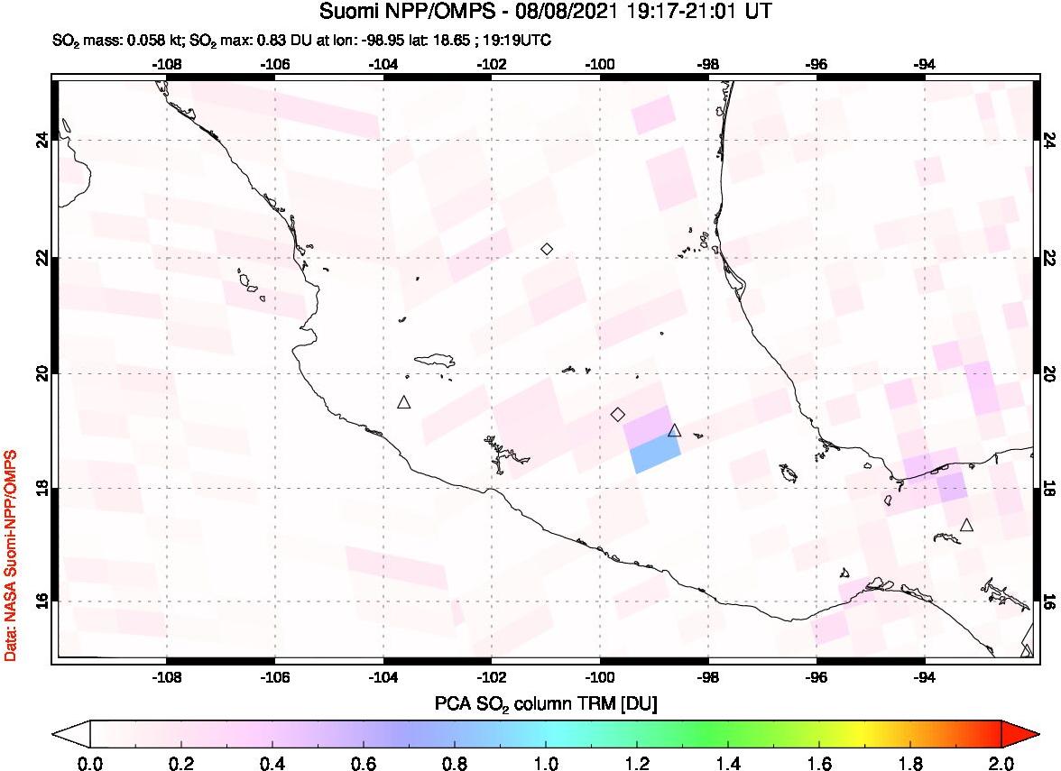 A sulfur dioxide image over Mexico on Aug 08, 2021.