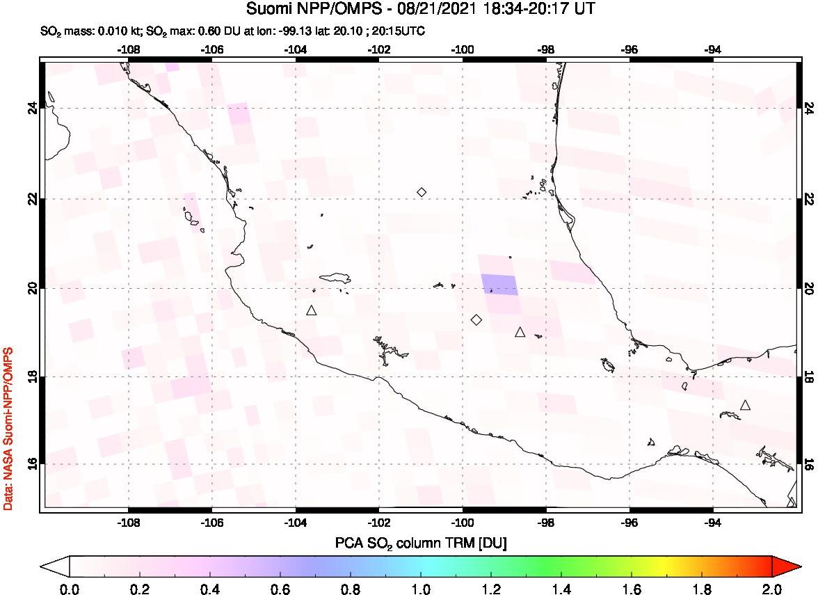 A sulfur dioxide image over Mexico on Aug 21, 2021.