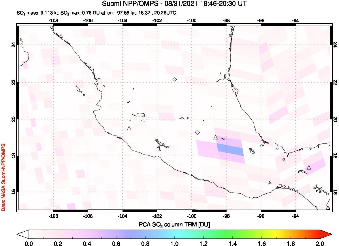 A sulfur dioxide image over Mexico on Aug 31, 2021.